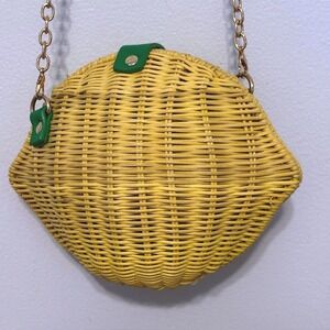 Haute Hippie Style Yellow Lemon Wicker Woven Crossbody Bag Gold Chain Strap